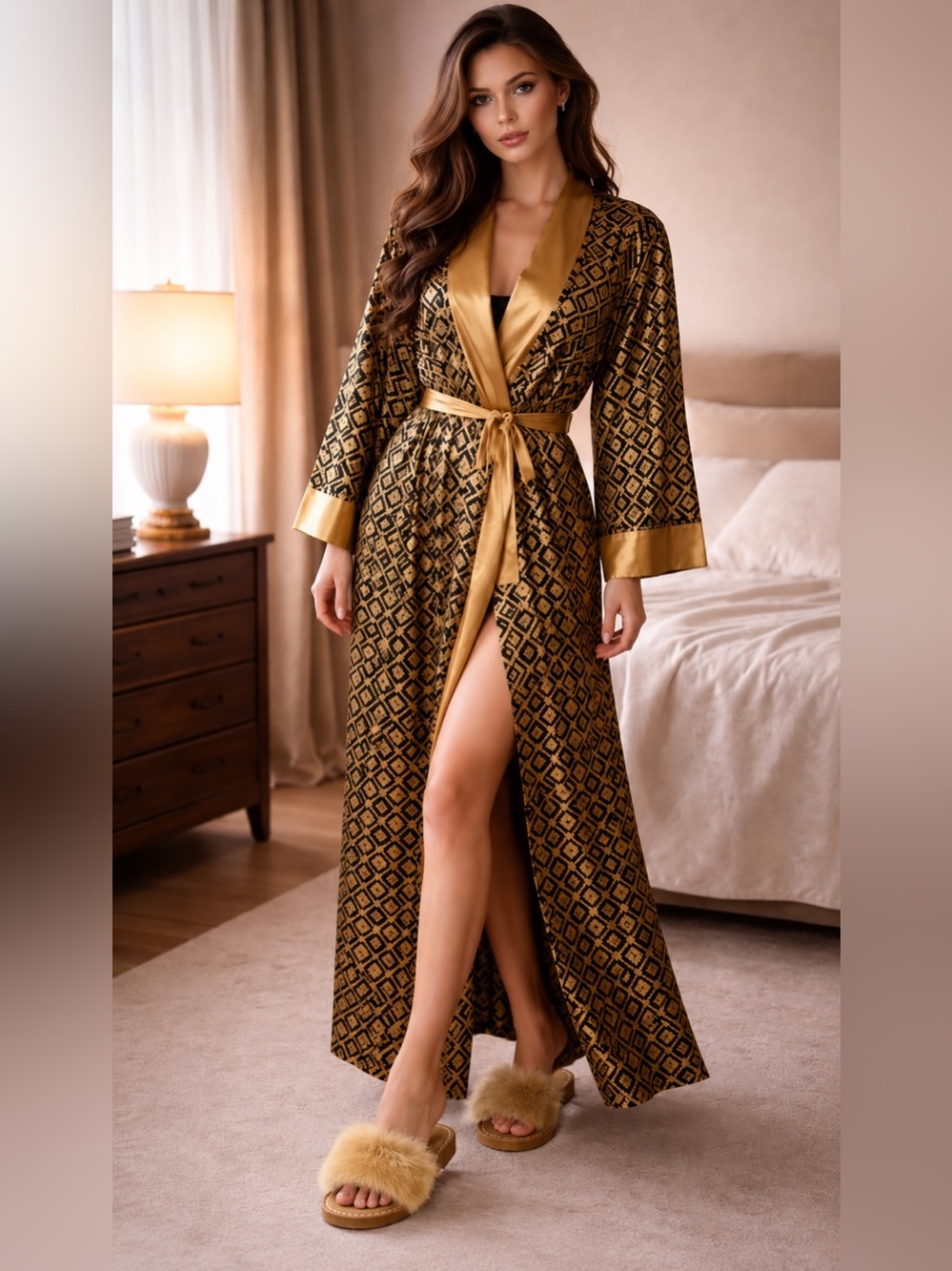 Victoria's Secret Gold and Black Patterned Satin-Trim Long Robe Sz M